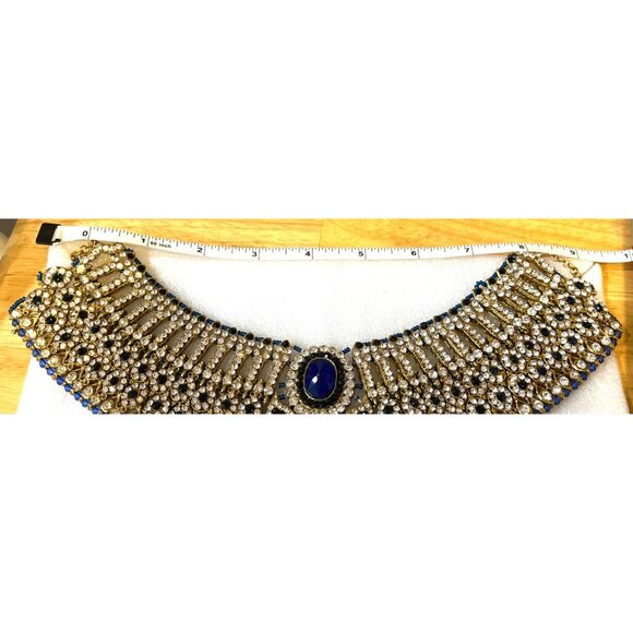 Gold & Blue Crystal Bib Necklace With Matching Chandelier Earrings Bridal - Picture 16 of 16